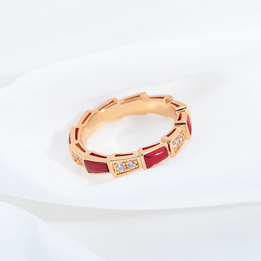 BVLGARI SERPENTI RING PINK GOLD CARNELIAN DIAMOND 3MM