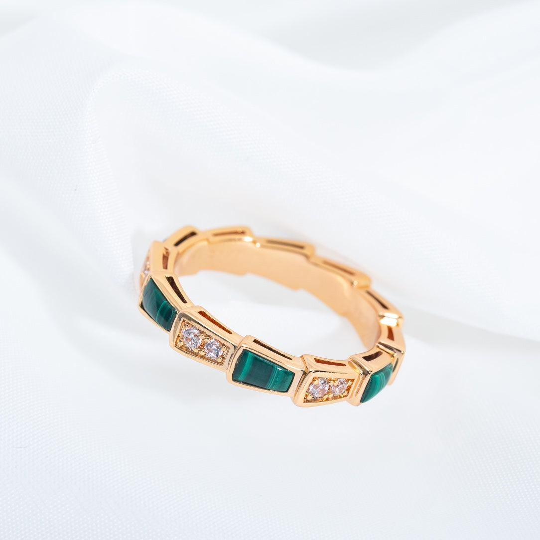 BVLGARI SERPENTI RING PINK GOLD MALACHITE DIAMOND 3MM