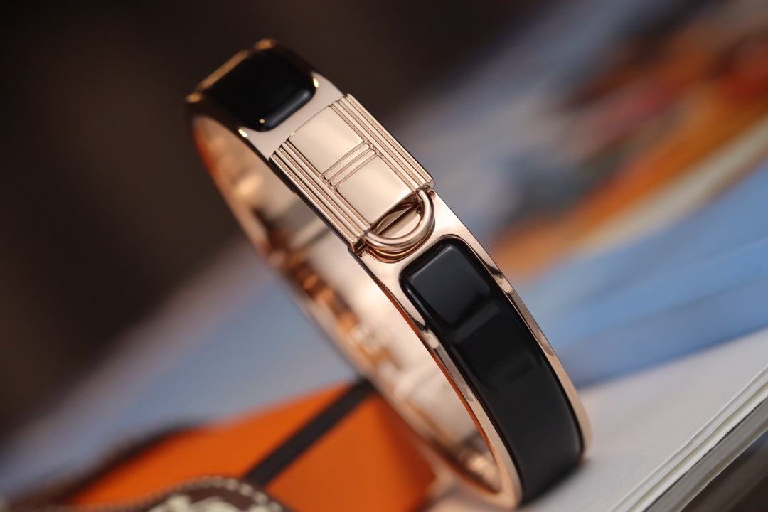 HERMES H LOCK BLACK PINK GOLD BRACELET 12MM