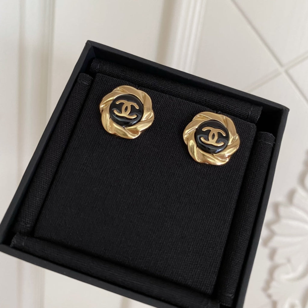 Chanel Double C Mini Stud Gold Black Earrings