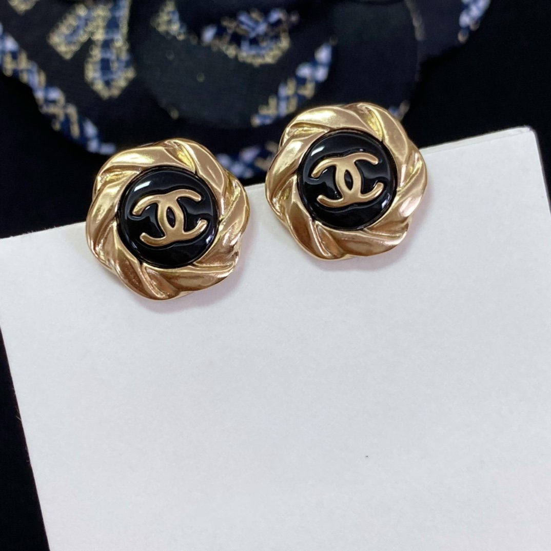 Chanel Double C Mini Stud Gold Black Earrings