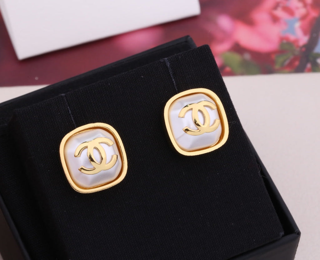 Chanel Double C Gold Mop Stud Earrings