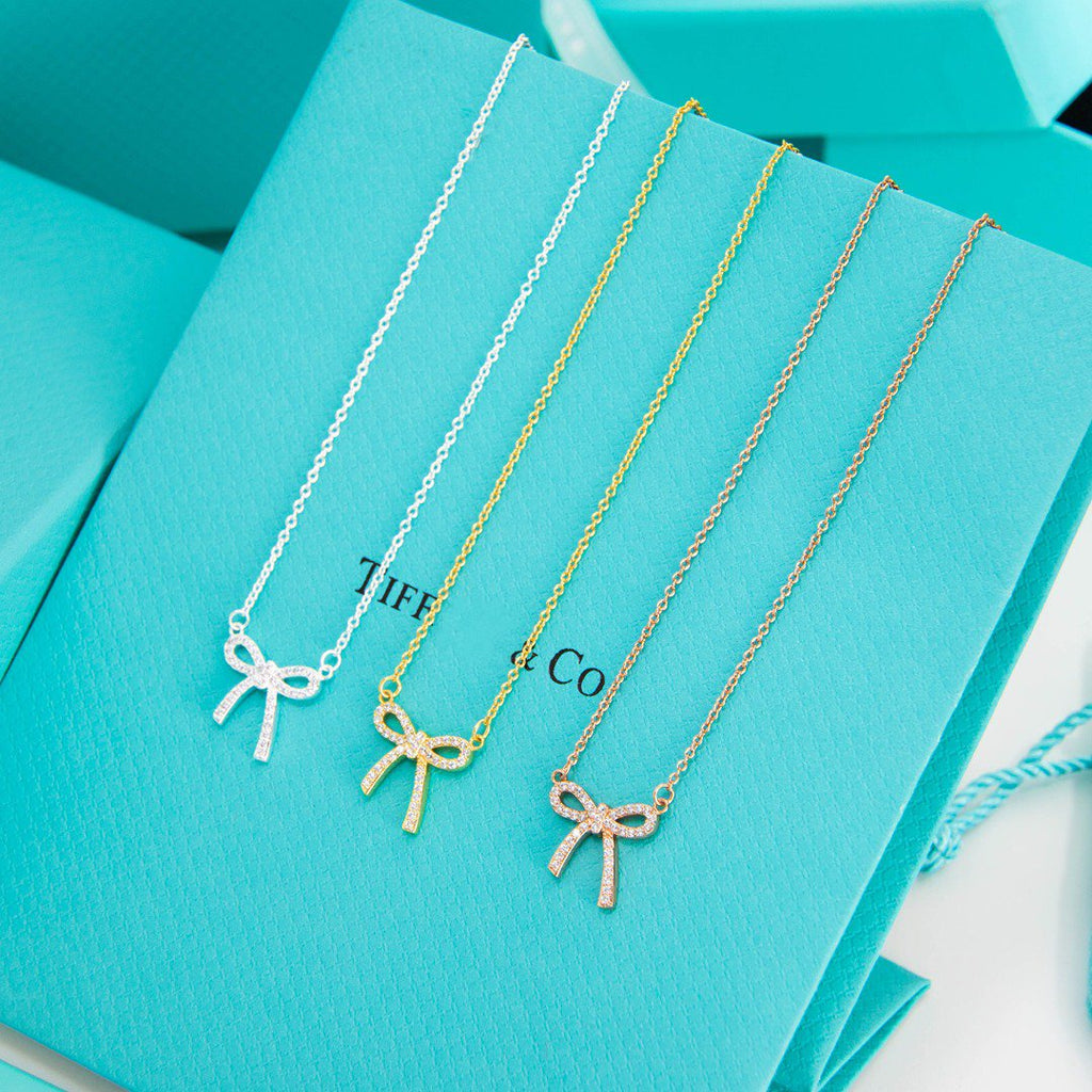 TIFFANY RIBBON NECKLACE BOW PENDANT DIAMOND CHARM CHAIN