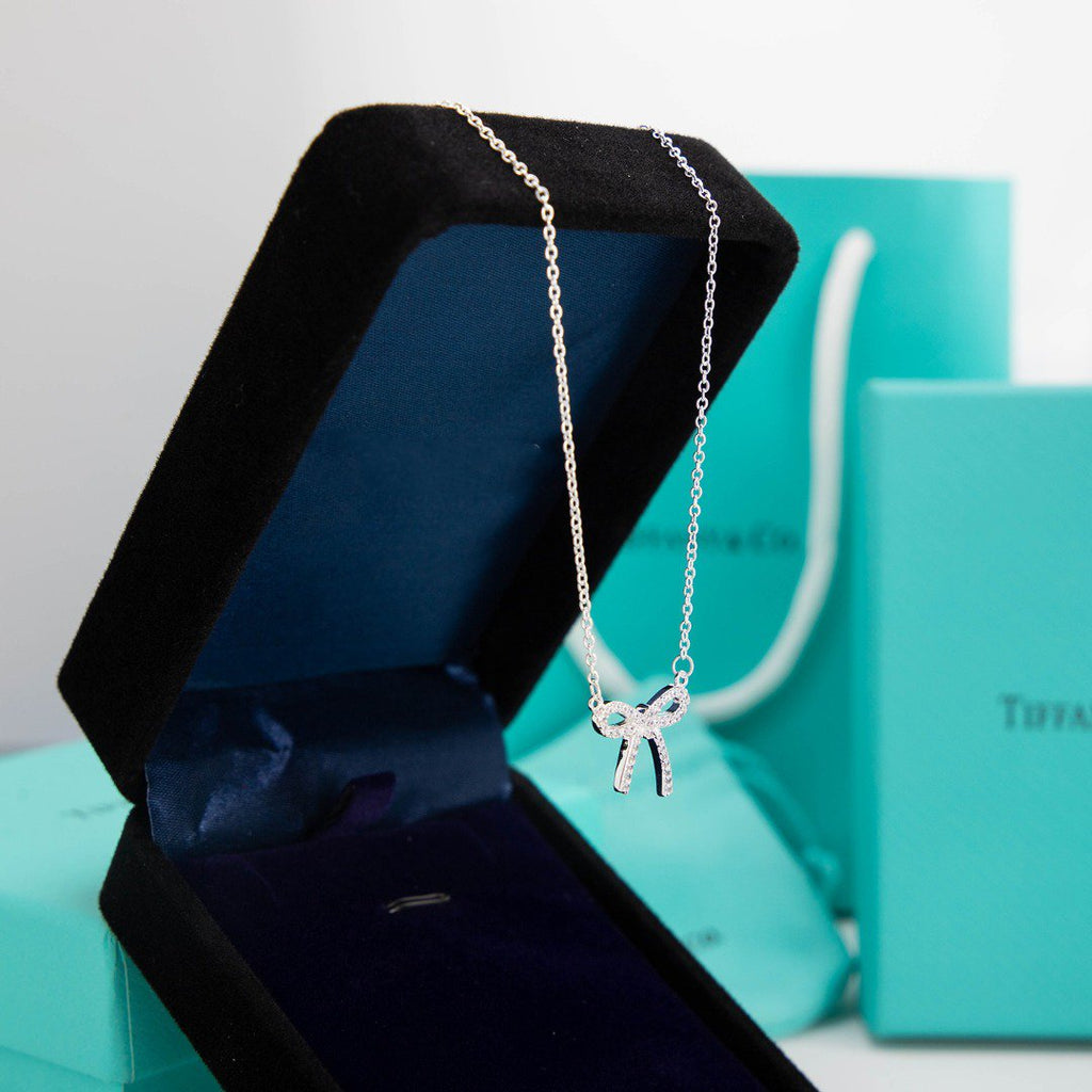 TIFFANY RIBBON NECKLACE BOW PENDANT DIAMOND CHARM CHAIN