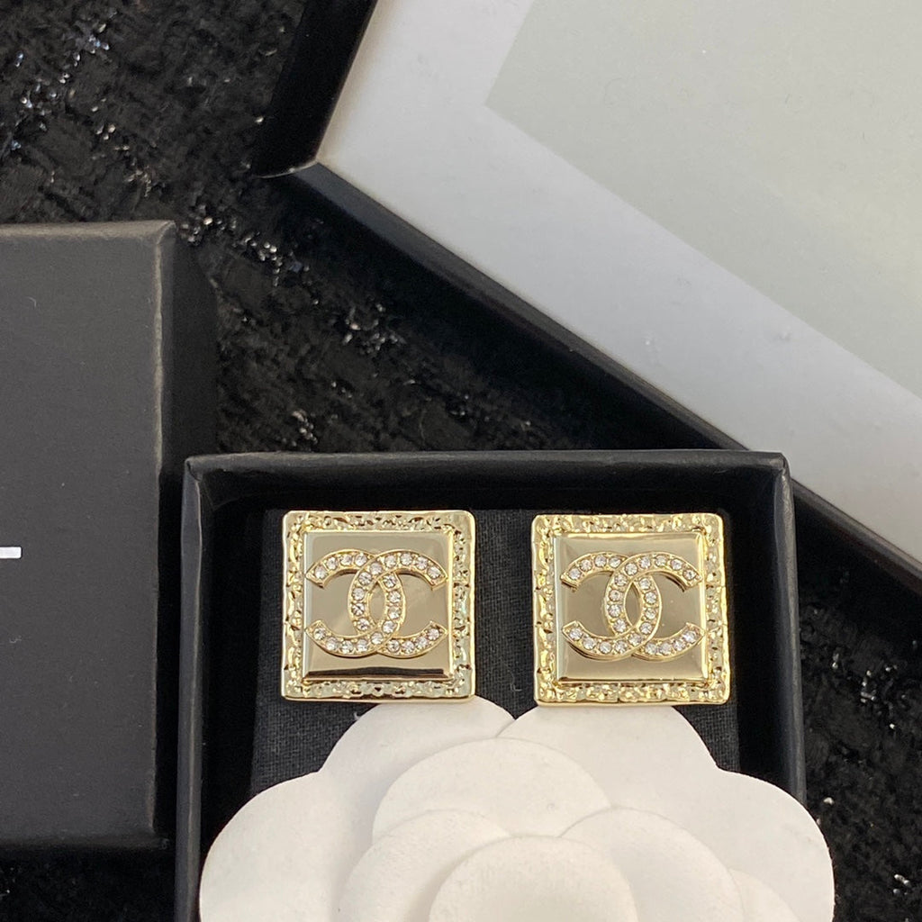 Chanel Diamond Pink Gold Square Stud Earrings