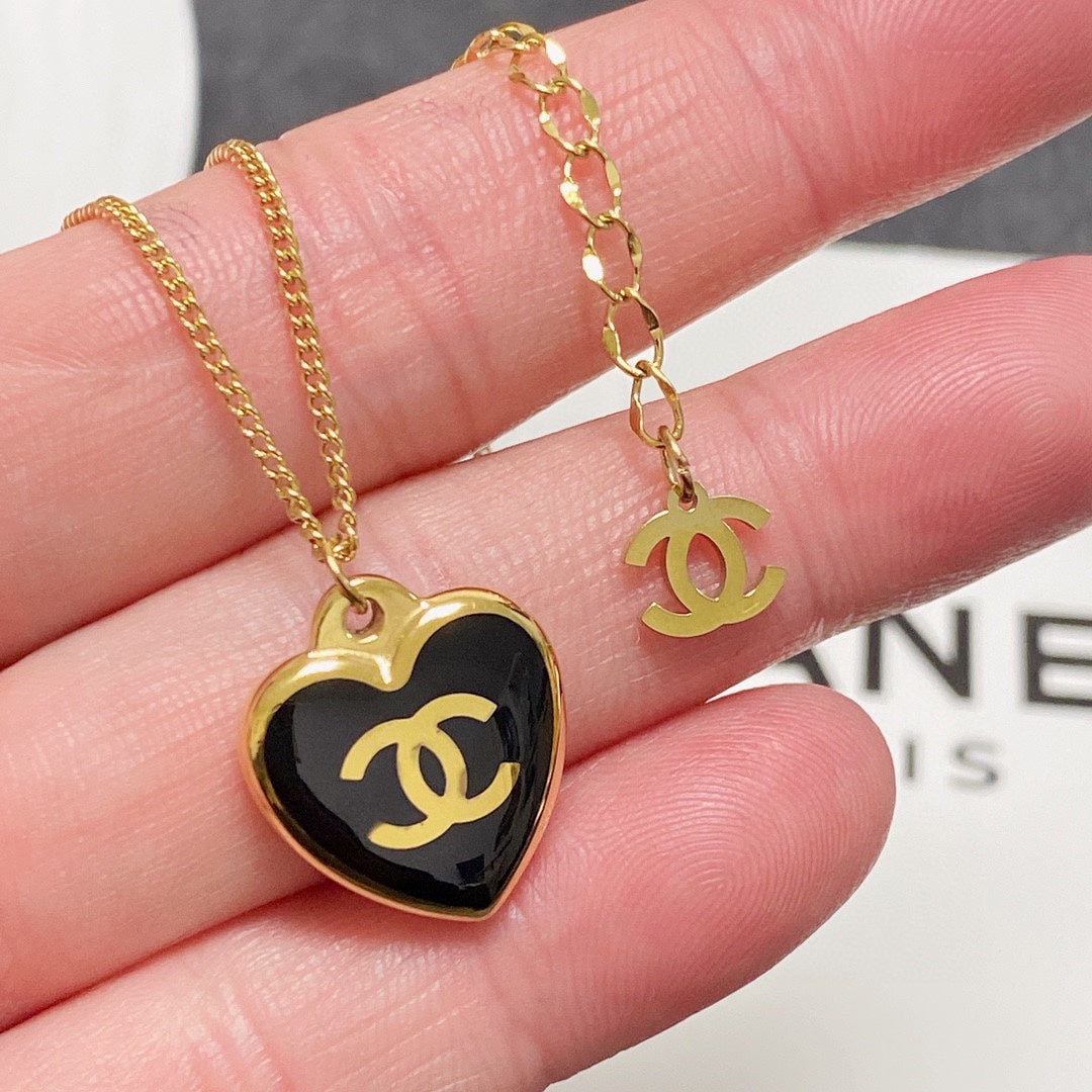 Chanel Heart Black Enamel Gold Necklace