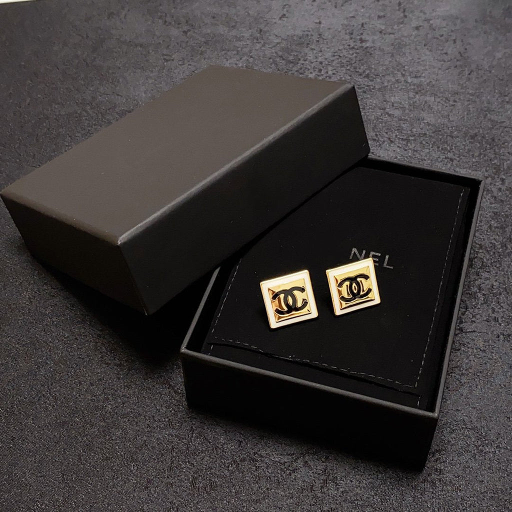 Chanel Light Gold And White Enamel Square Earrings