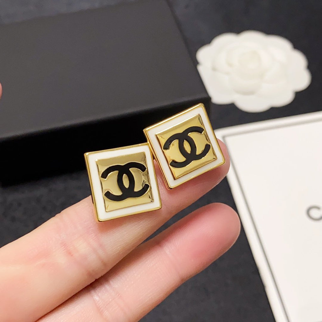Chanel Light Gold And White Enamel Square Earrings
