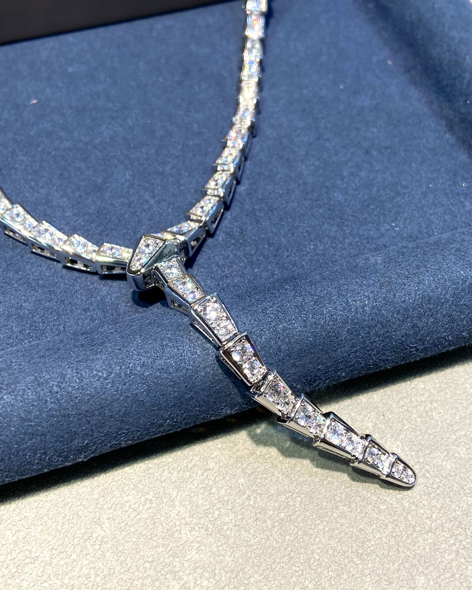 BVLGARI SERPENT DIAMOND PAVED SLIM SILVER NECKLACE