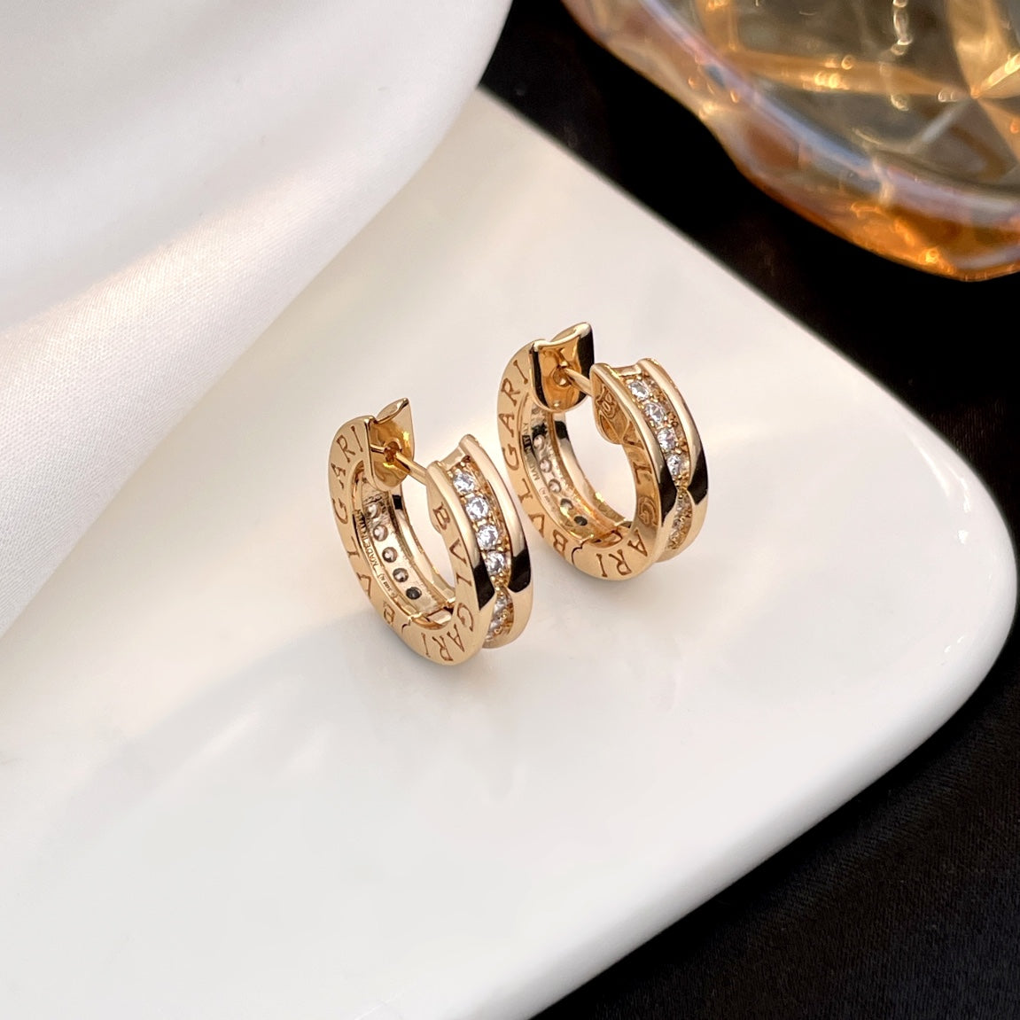 BVLGARI ZERO 1 DIAMOND PAVED MINI PINK GOLD EARRINGS