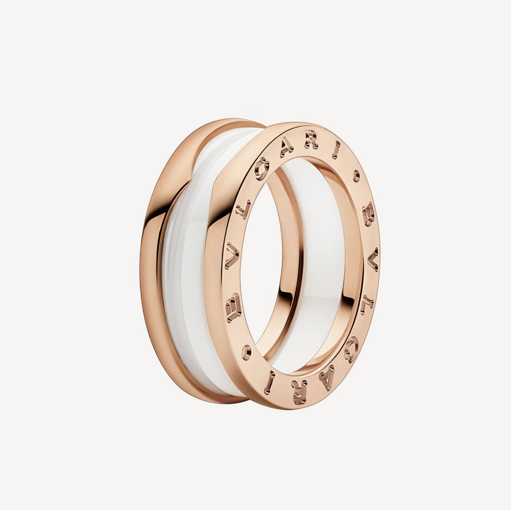 BVLGARI ZERO 1 TWO-BAND LOOPS AND WHITE CERAMIC SPIRAL PINK GOLD RING