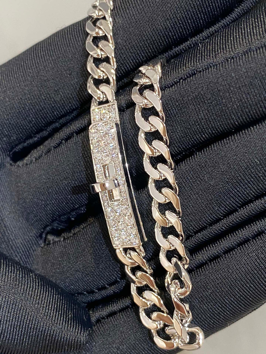HERMES H Kelly Gourmette Sliver Diamond Bracelet