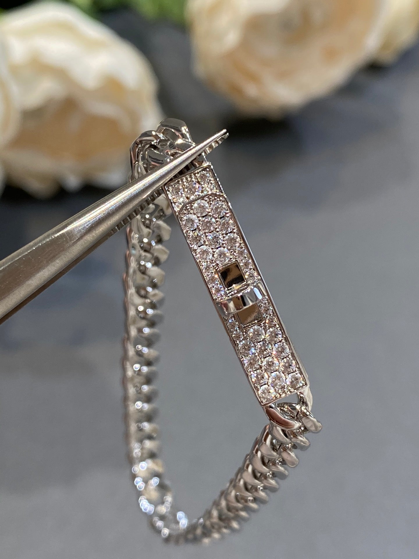 HERMES H Kelly Gourmette Sliver Diamond Bracelet