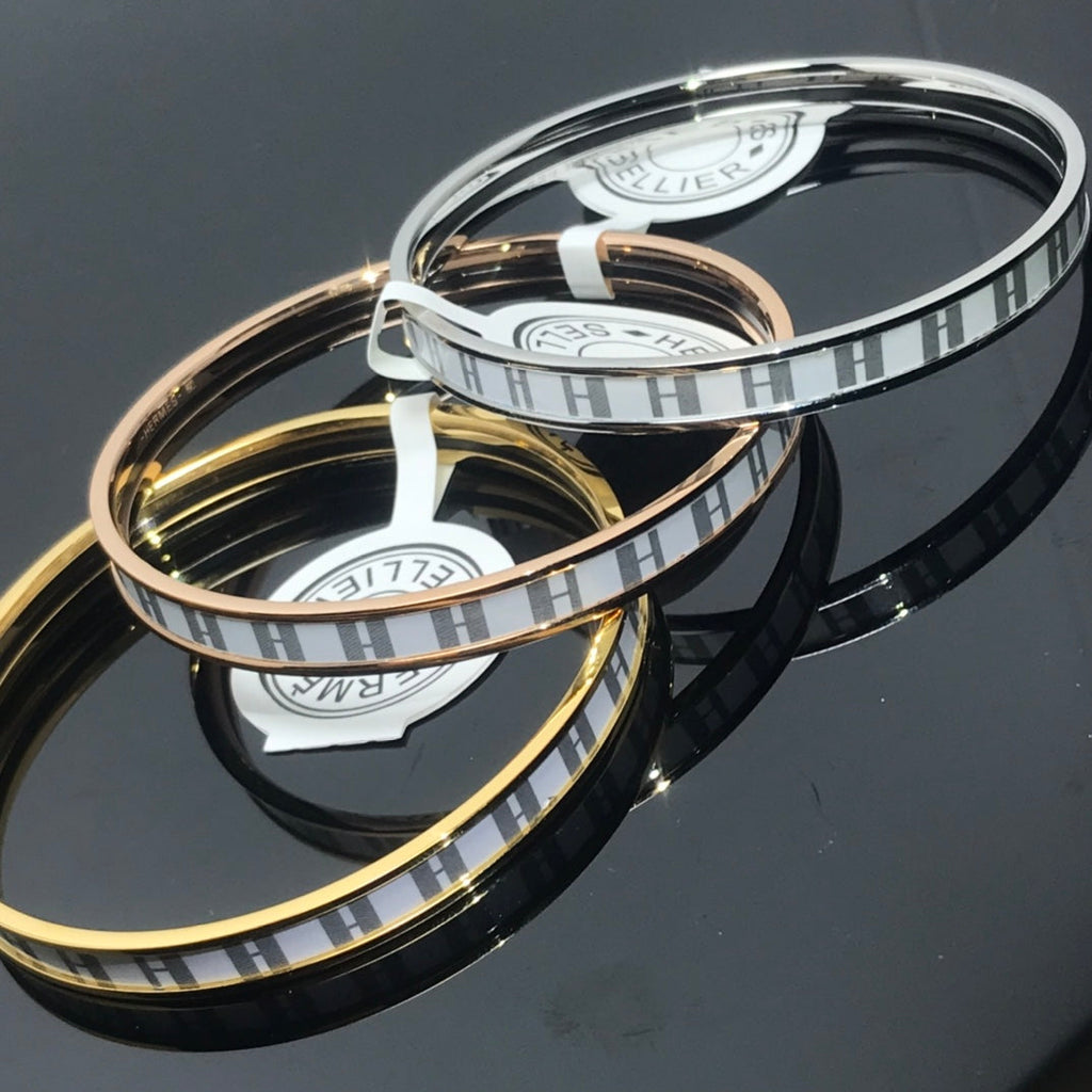 HERMES H Enamel Bangle White Gray Bracelet
