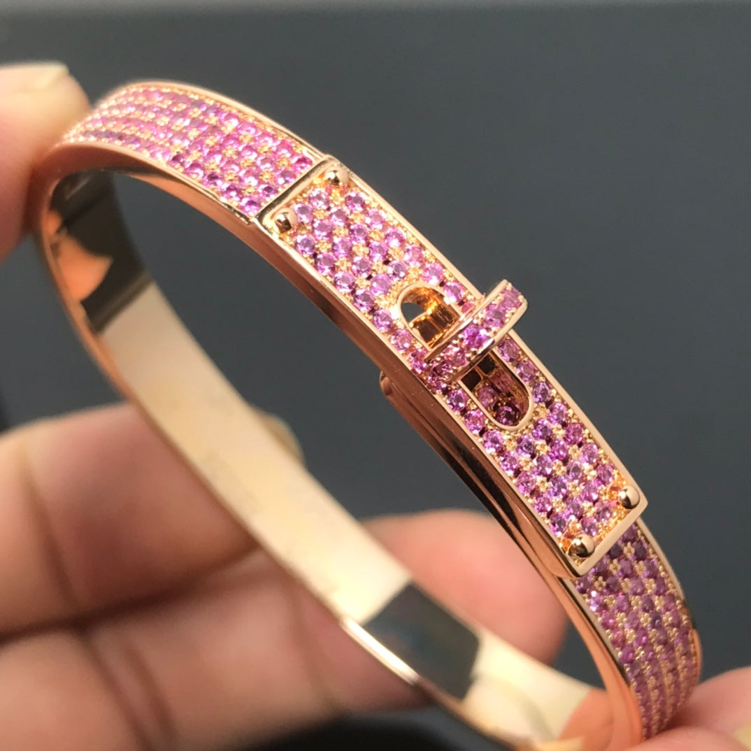 HERMES H Pig Nose Full-Diamond Pink Diamond Pink Gold Bracelet