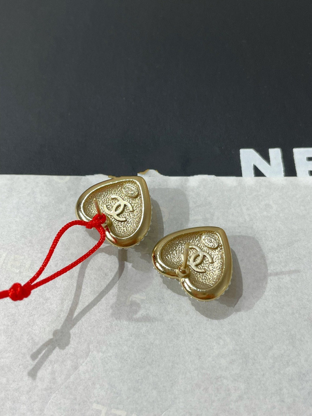 Chanel Heart Diamond Paved Mop Stud Earrings