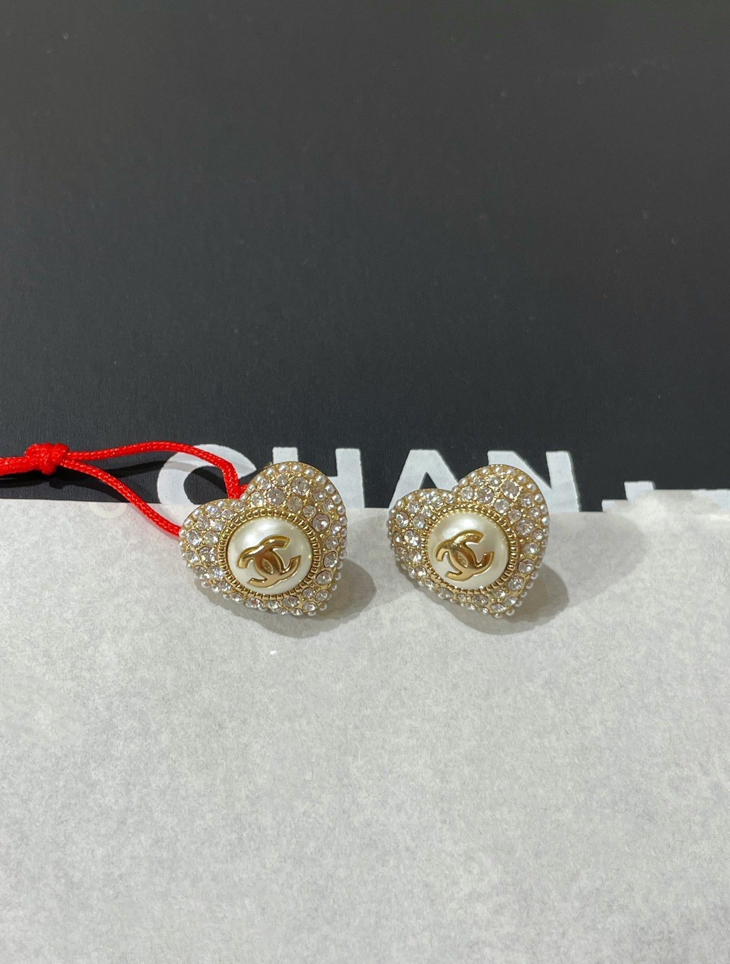 Chanel Heart Diamond Paved Mop Stud Earrings