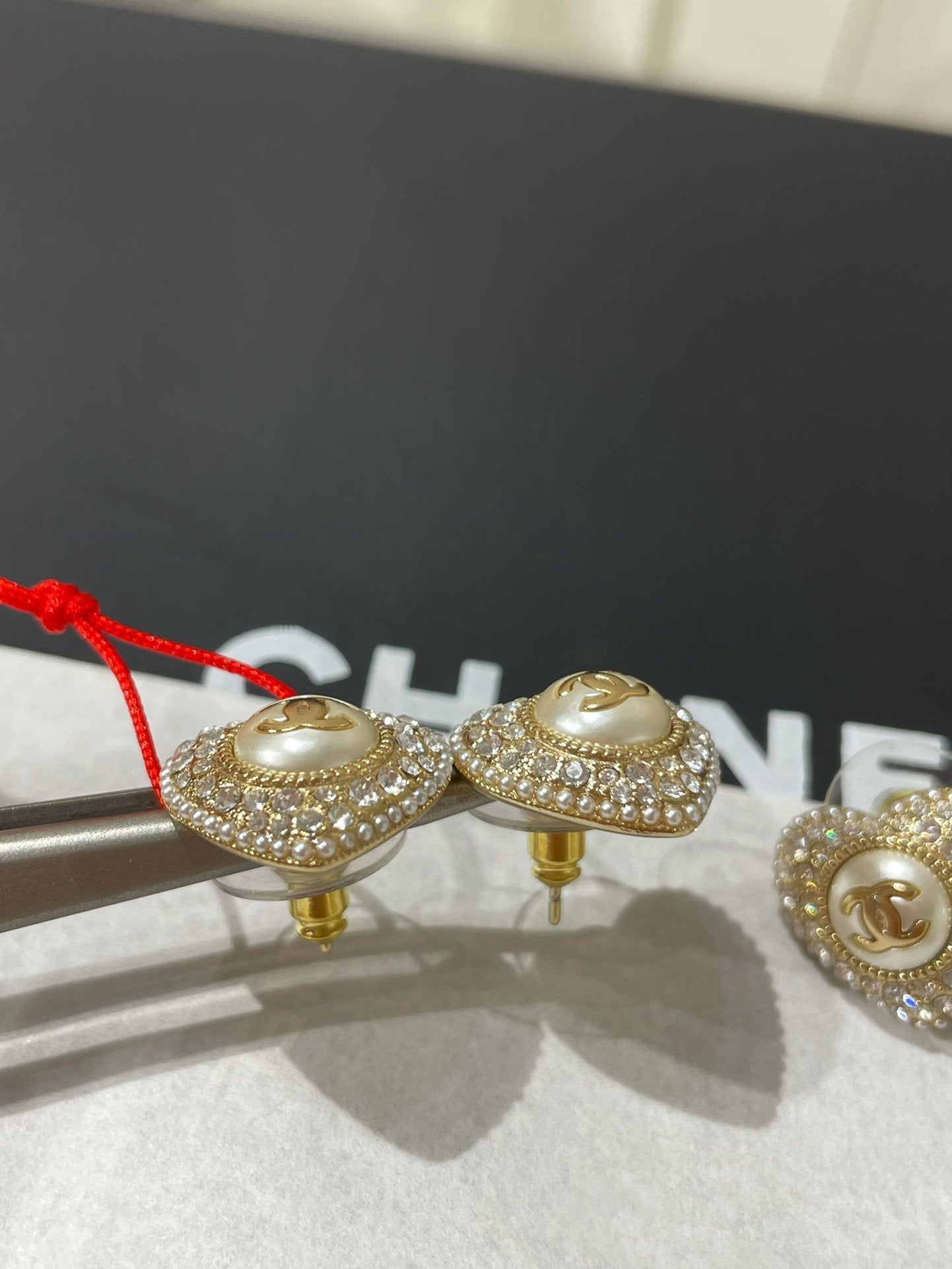 Chanel Heart Diamond Paved Mop Stud Earrings
