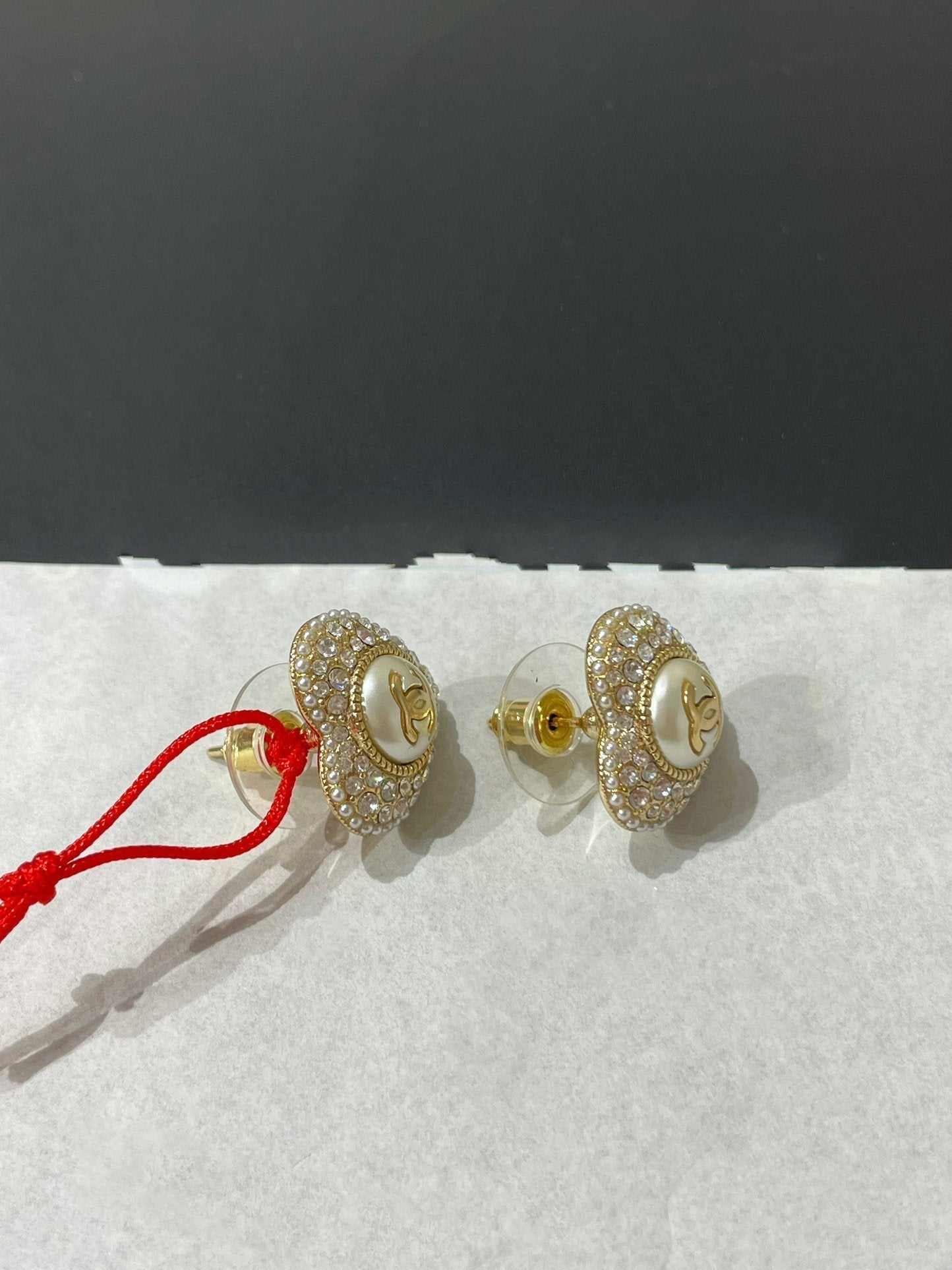 Chanel Heart Diamond Paved Mop Stud Earrings