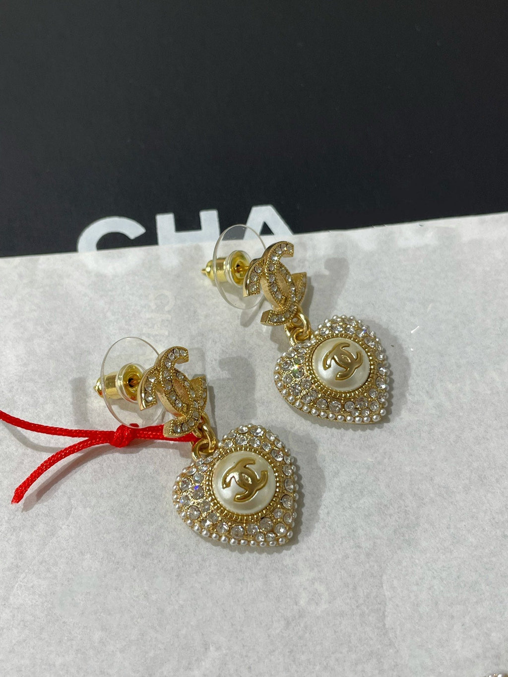 Chanel Logo Diamond Paved Heart Mop Drop Earrings