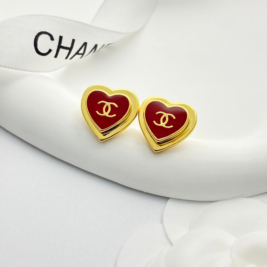 Chanel Red Enamel Gold Double C Heart Earrings