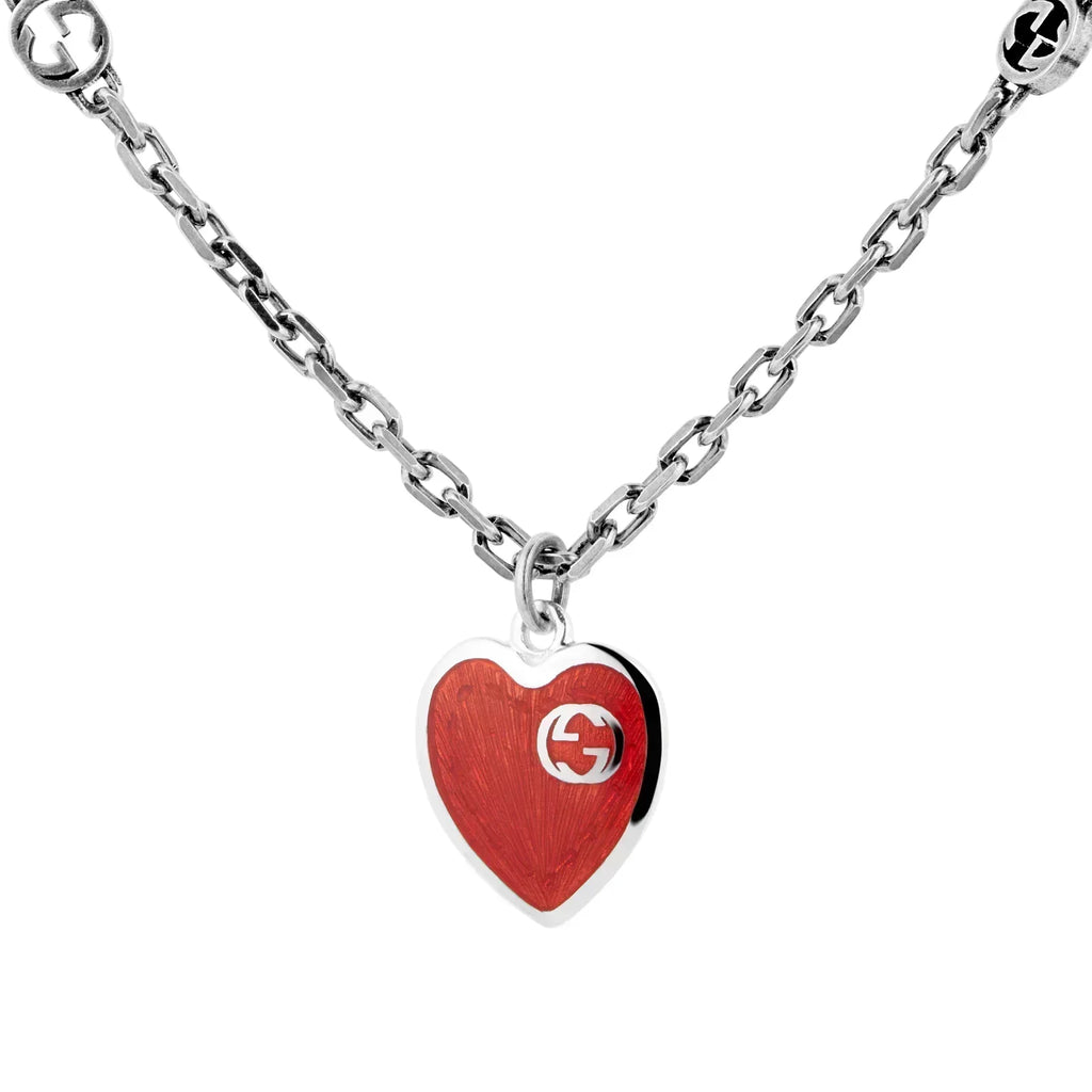 GUCCI GG HEARTS STERLING SILVER RED ENAMEL PENDANT NECKLACE