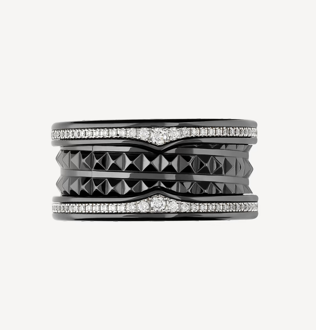 BVLGARI ZERO 1 ROCK FOUR-BAND BLACK CERAMIC WITH STUDDED SPIRAL AND PAVED DIAMONDS RING