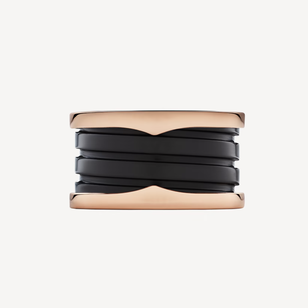 BVLGARI ZERO 1 FOUR-BAND LOOPS AND BLACK CERAMIC SPIRAL PINK GOLD RING