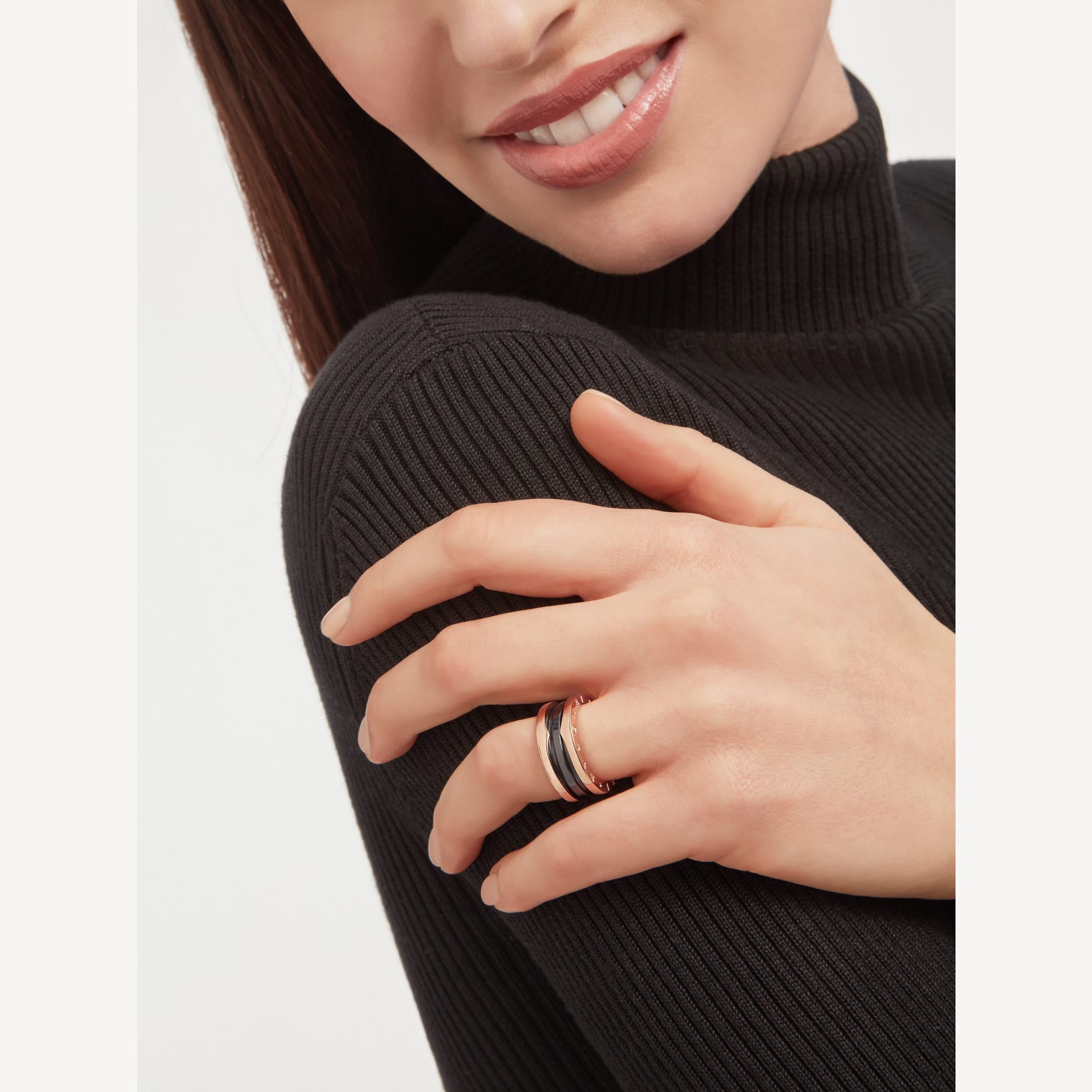 BVLGARI ZERO 1 TWO-BAND LOOPS AND BLACK CERAMIC PINK GOLD RING