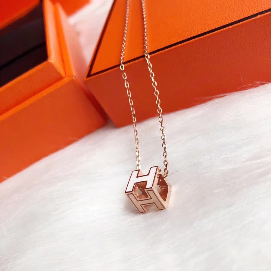 HERMES H WHITE SQUARE PINK GOLD NECKLACE