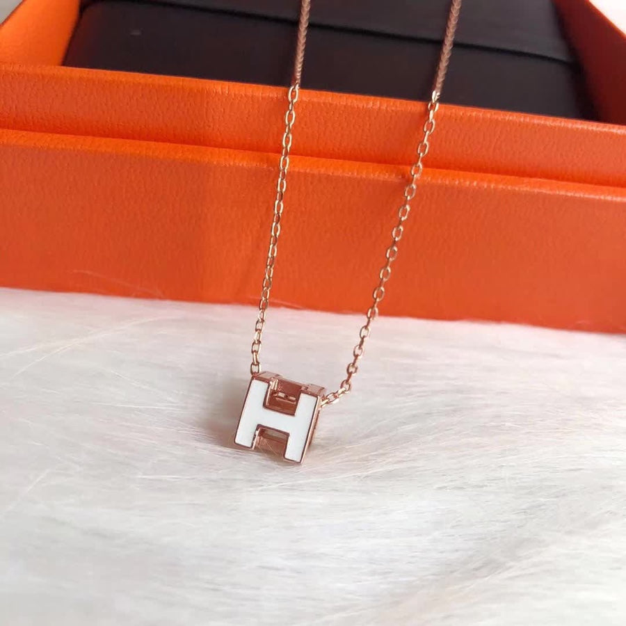 HERMES H WHITE SQUARE PINK GOLD NECKLACE