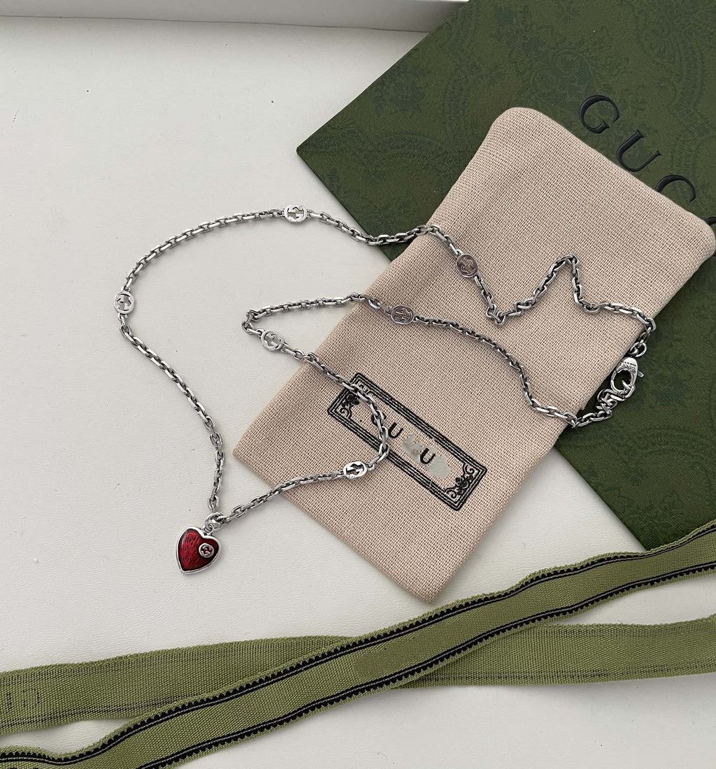GUCCI GG HEARTS STERLING SILVER RED ENAMEL PENDANT NECKLACE