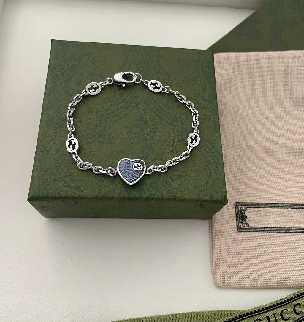 GUCCI GG HEART AGED FINISH STERLING SILVER BLUE ENAMEL BRACELET