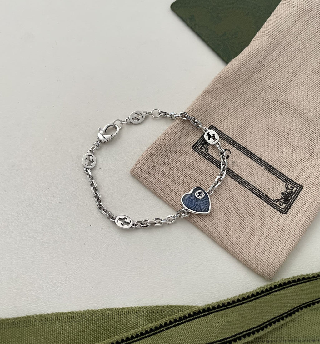 GUCCI GG HEART AGED FINISH STERLING SILVER BLUE ENAMEL BRACELET
