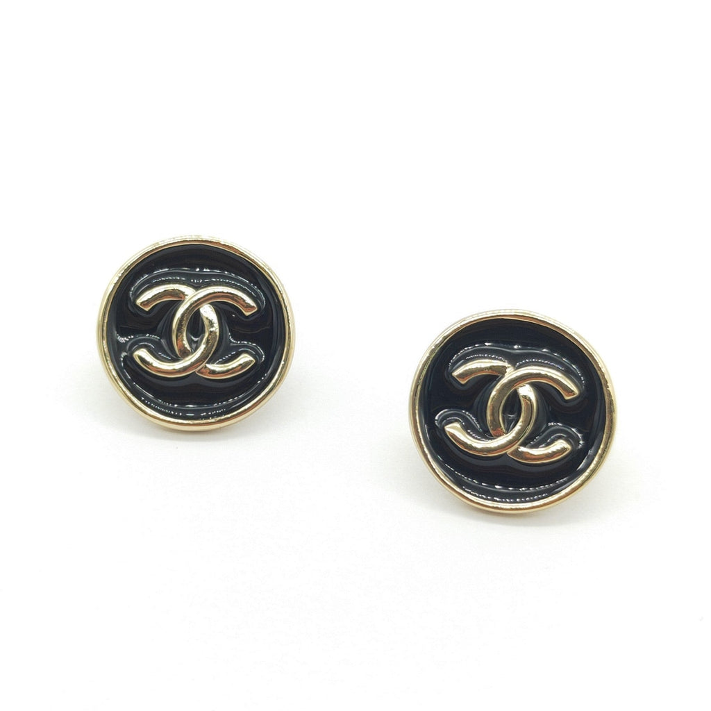 Chanel Double C Black Gold Stud Earrings