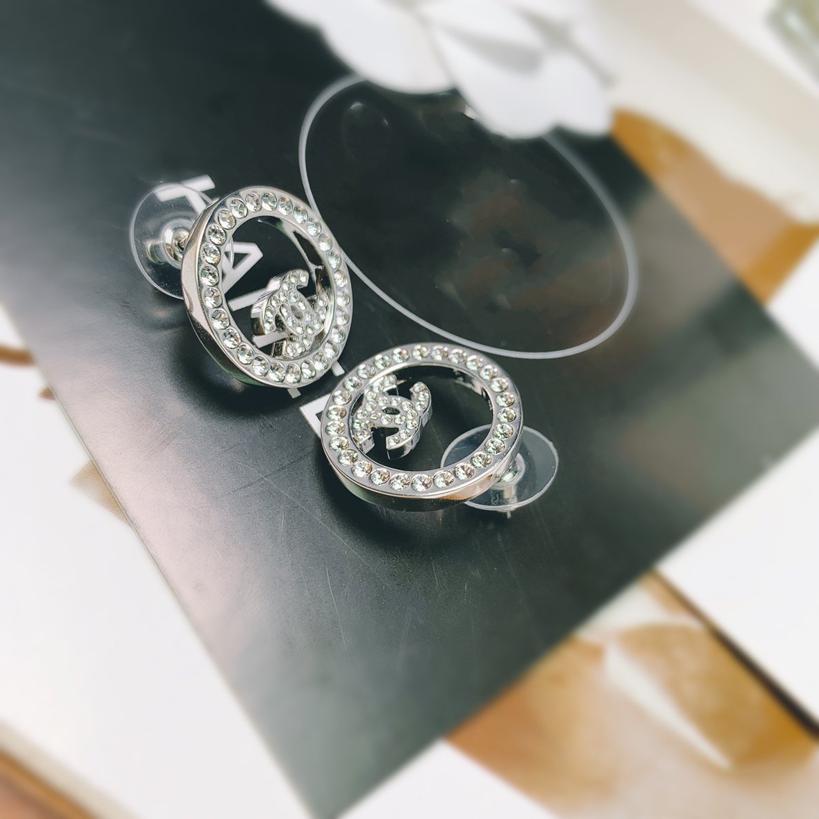 Chanel Double C Silver Diamond Stud Earrings