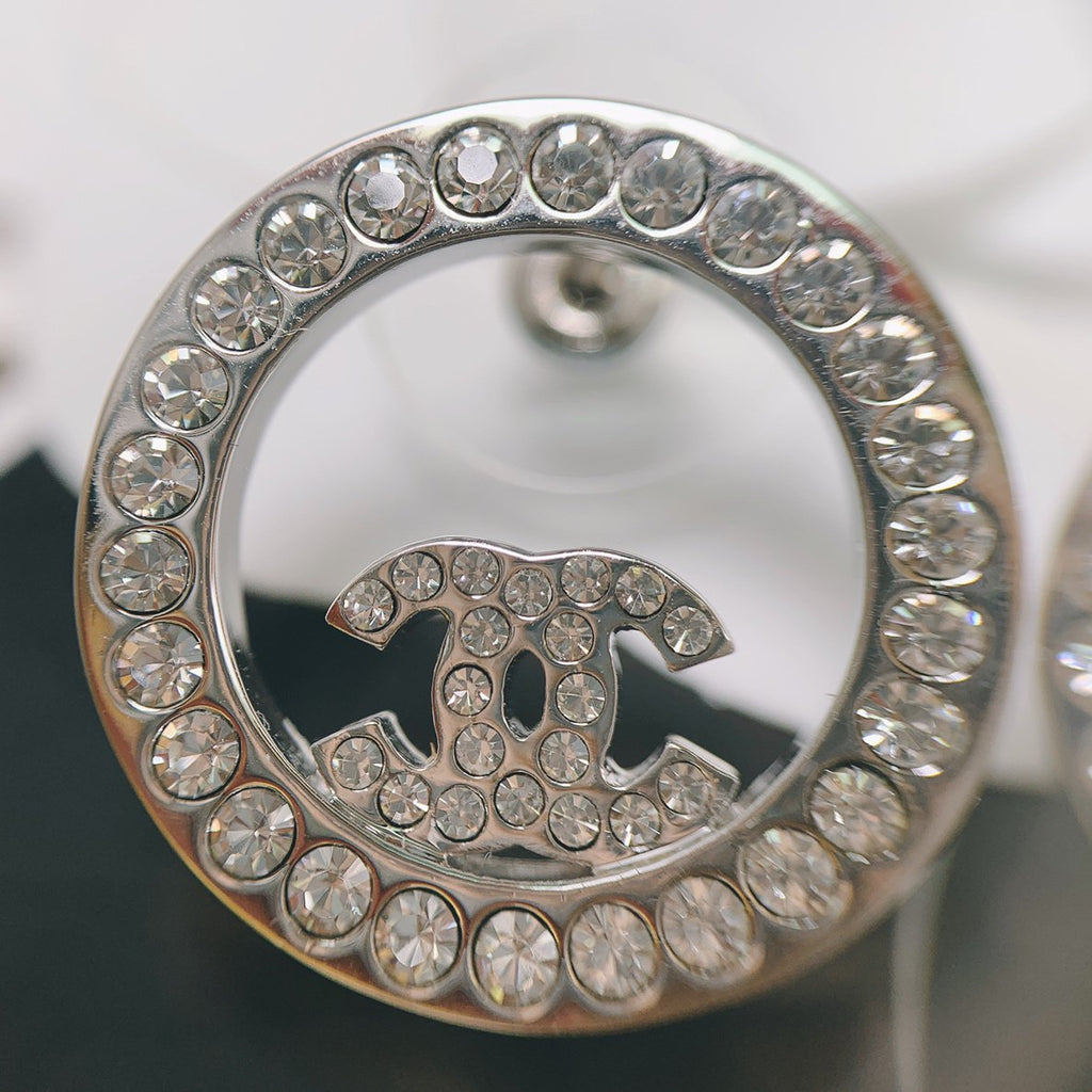 Chanel Double C Silver Diamond Stud Earrings