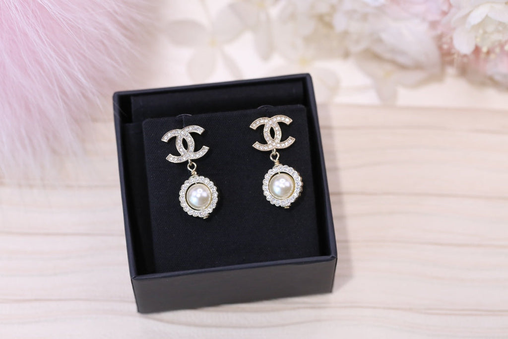 Chanel Double C Pearl Silver Diamond Earrings