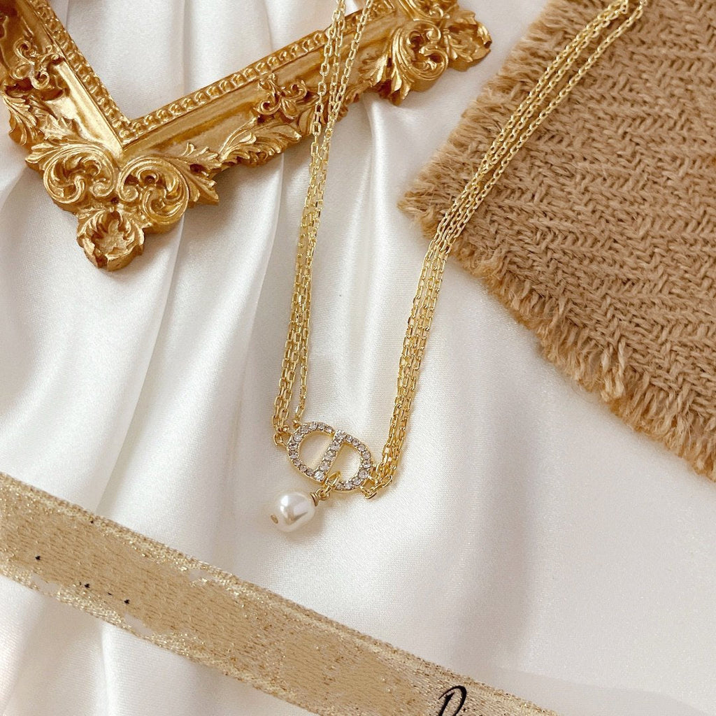 DIOR CD THREE-LAYER CHAIN CD PEARL NECKLACE