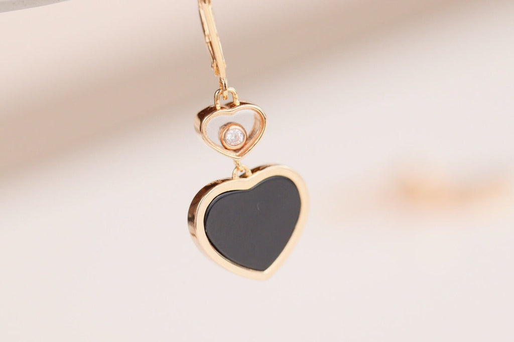 CHOPARD HAPPY HEART EARRINGS ONYX PINK GOLD DIAMOND