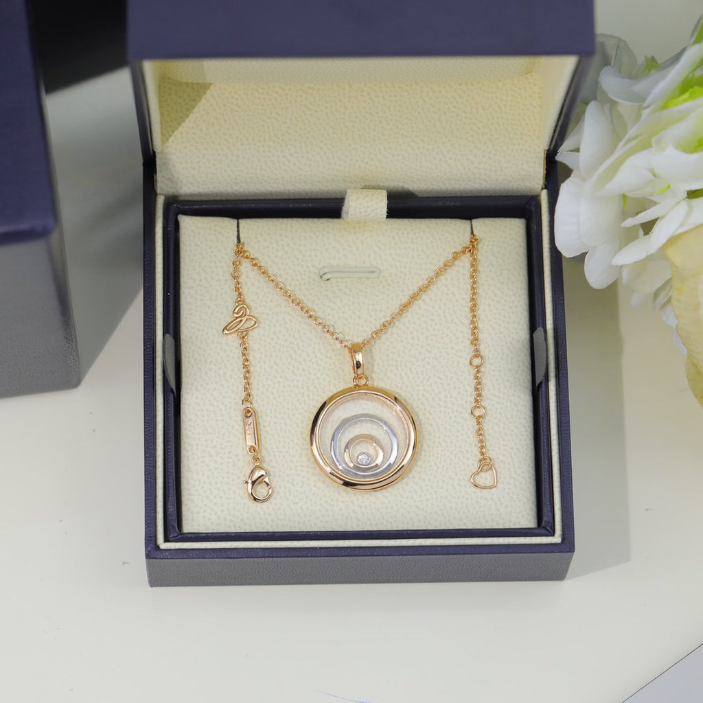 CHOPARD HAPPY HEART NECKLACE TRIPLE RING PINK GOLD 1 DIAMOND