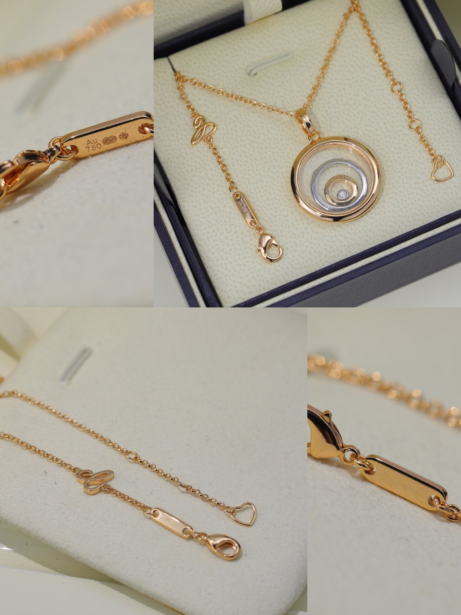 CHOPARD HAPPY HEART NECKLACE TRIPLE RING PINK GOLD 1 DIAMOND