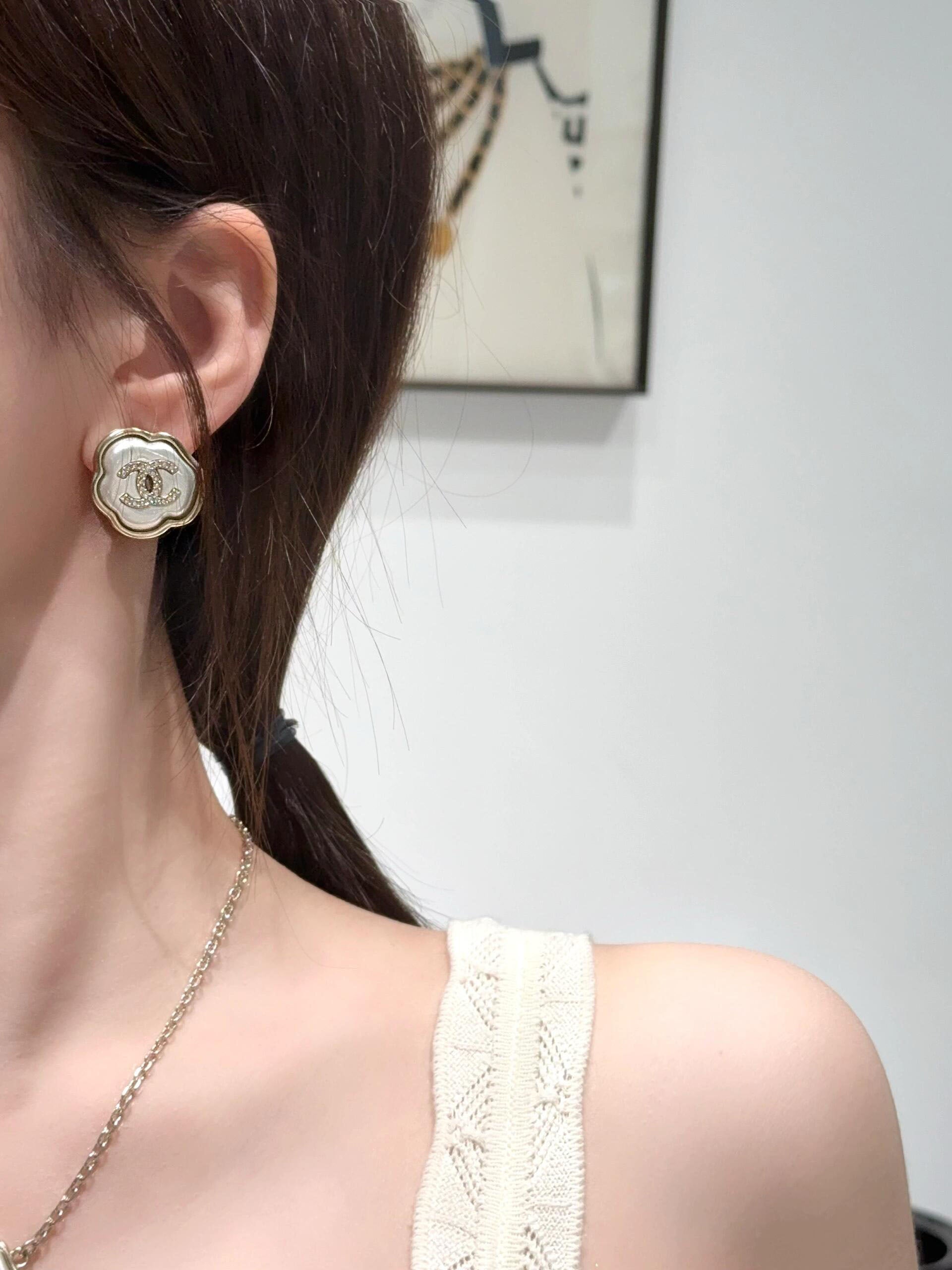 Chanel Cloud Resin Light Gold Full Diamond Double C Stud Earrings