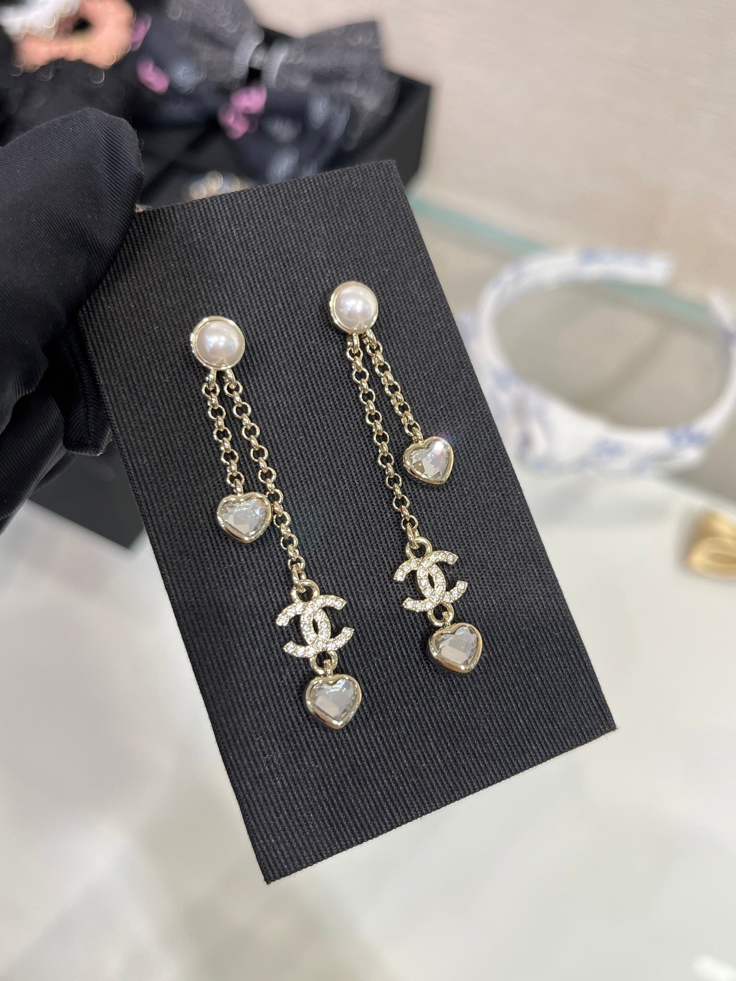 Chanel Light Gold Full Diamond Double C Heart Diamond Crystal Long Earrings