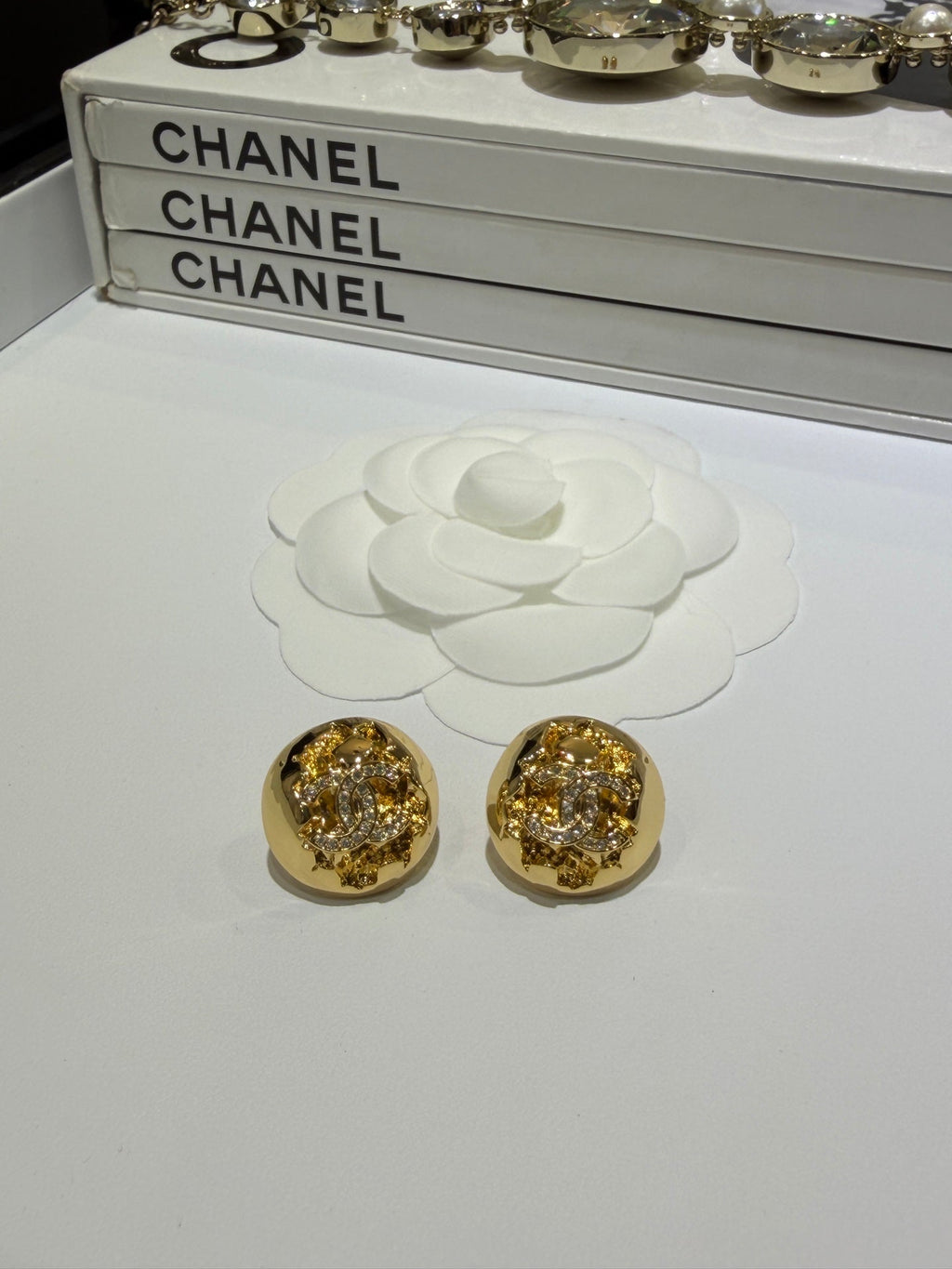 Chanel 2026 Gold Full Diamond Double C Gold Ball Stud Earrings