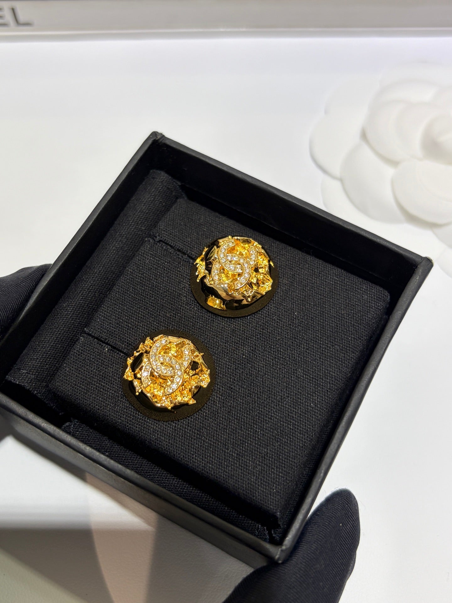 Chanel 2026 Gold Full Diamond Double C Gold Ball Stud Earrings
