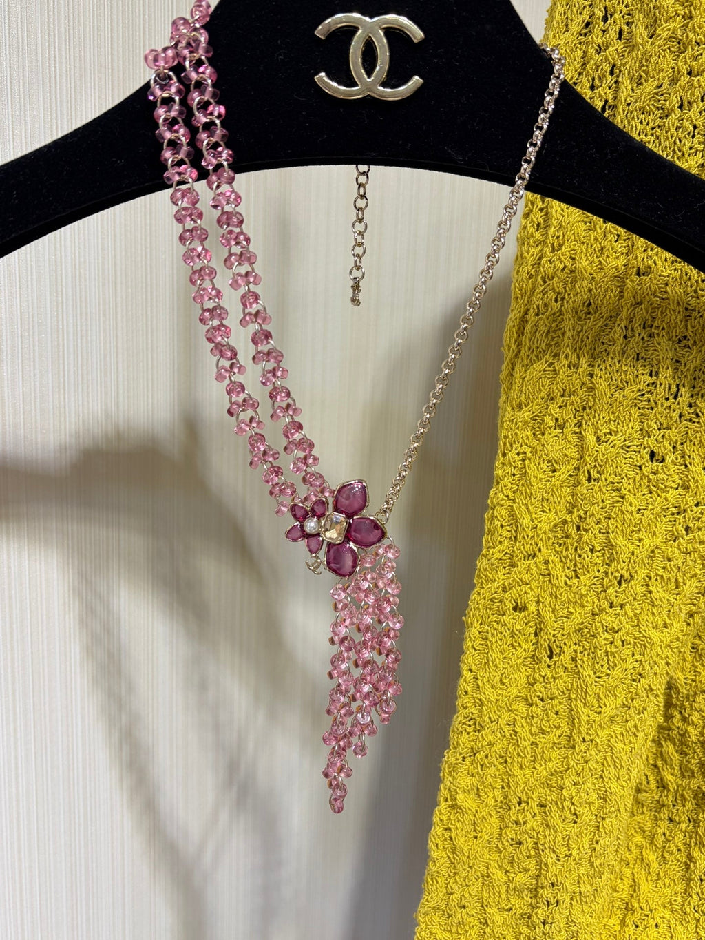 Chanel 2026 Double C Pink Beaded Asymmetrical Flower Necklace