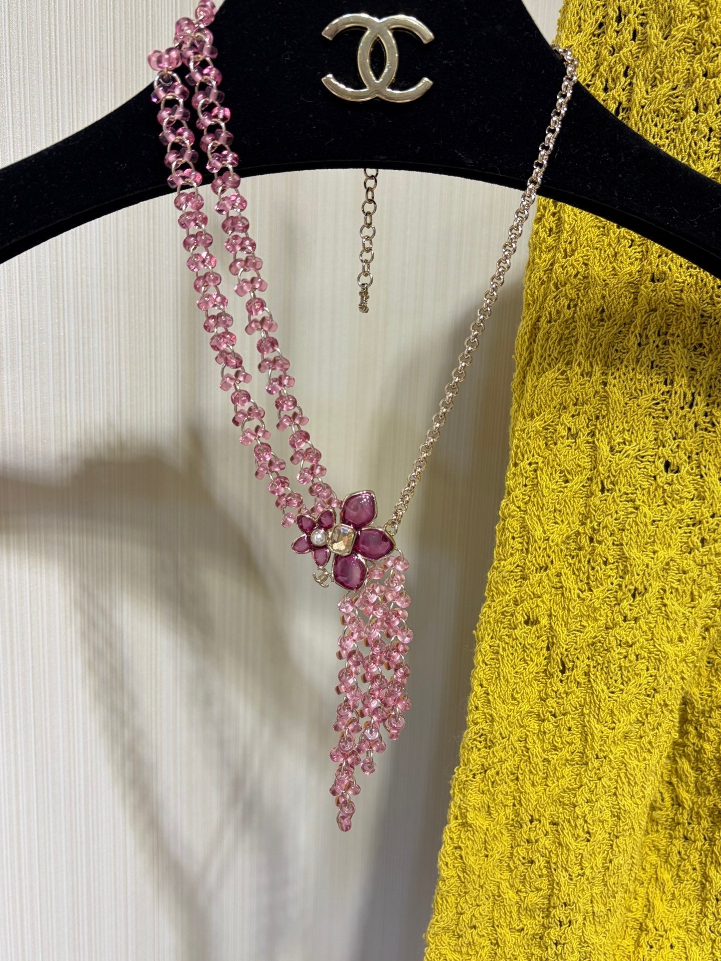 Chanel 2026 Double C Pink Beaded Asymmetrical Flower Necklace
