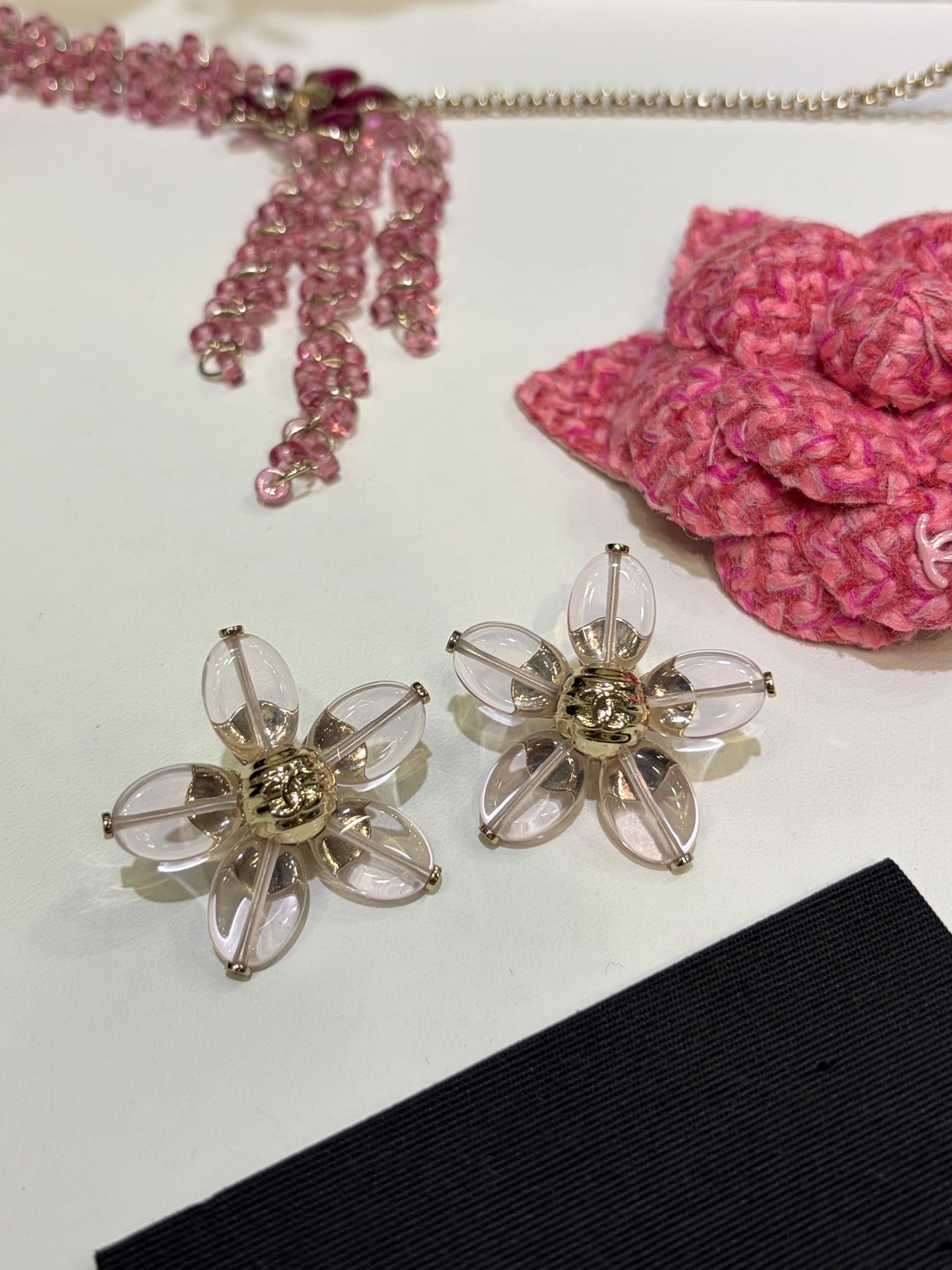 Chanel 2026 Gold Double C Transparent Flower Stud Earrings