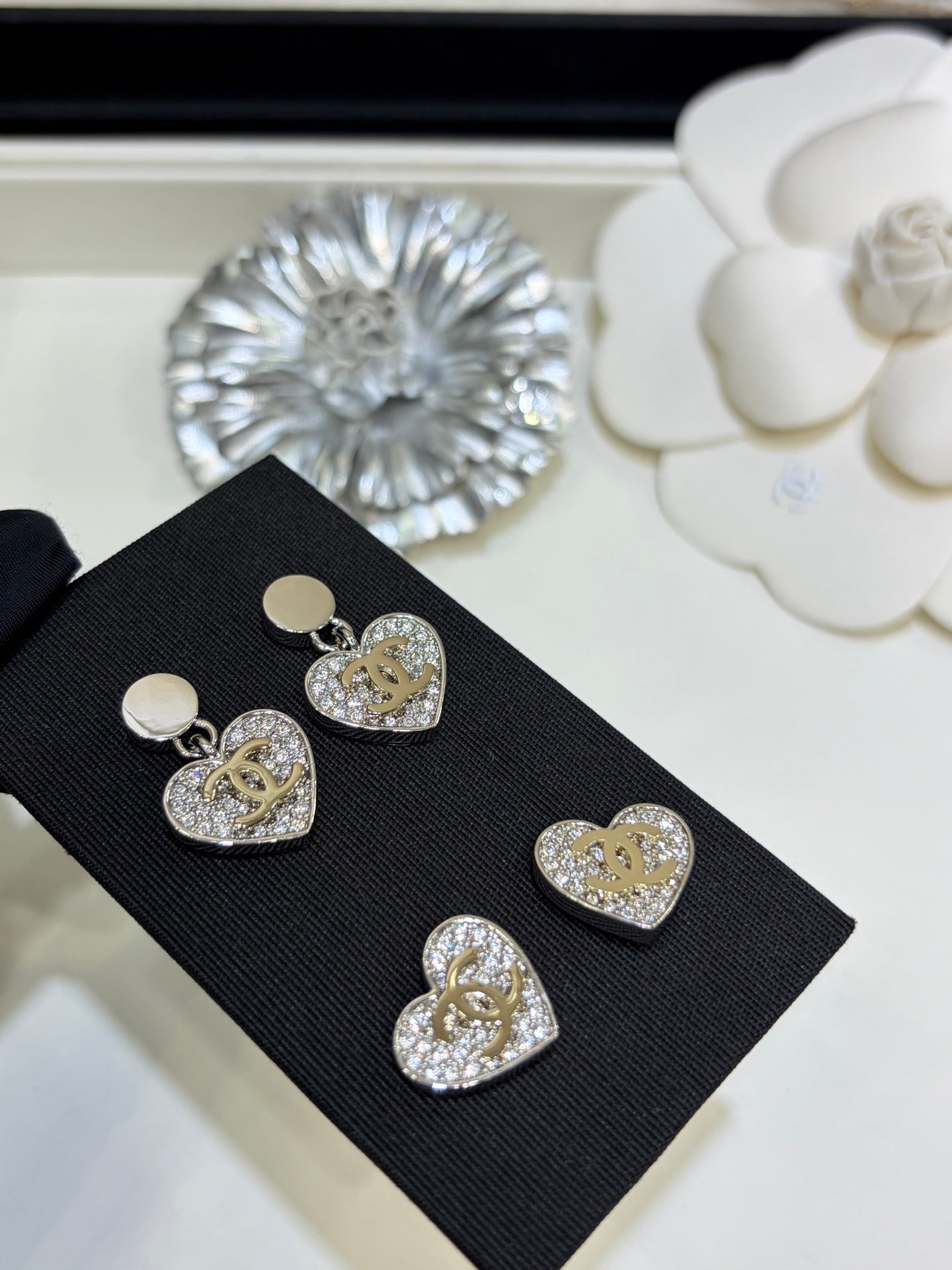 Chanel 2026 Double C Full Diamond Heart Pendant Button Earrings